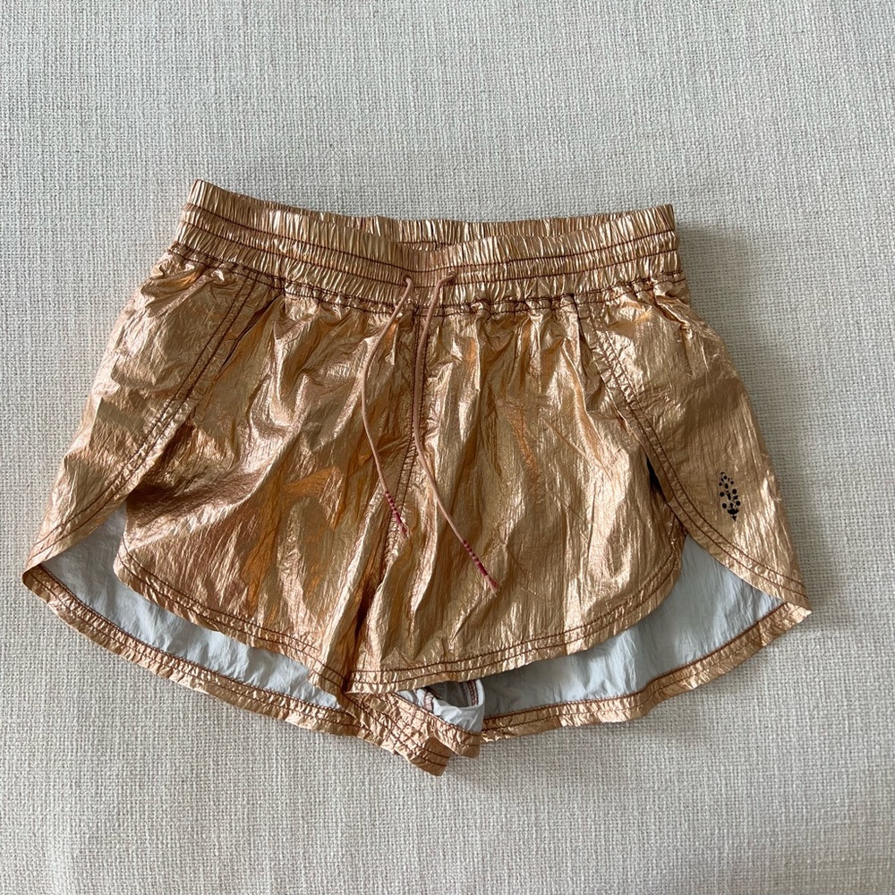 NWOT Free People FP One x FP Movement Gold Metallic Drawstring Shorts